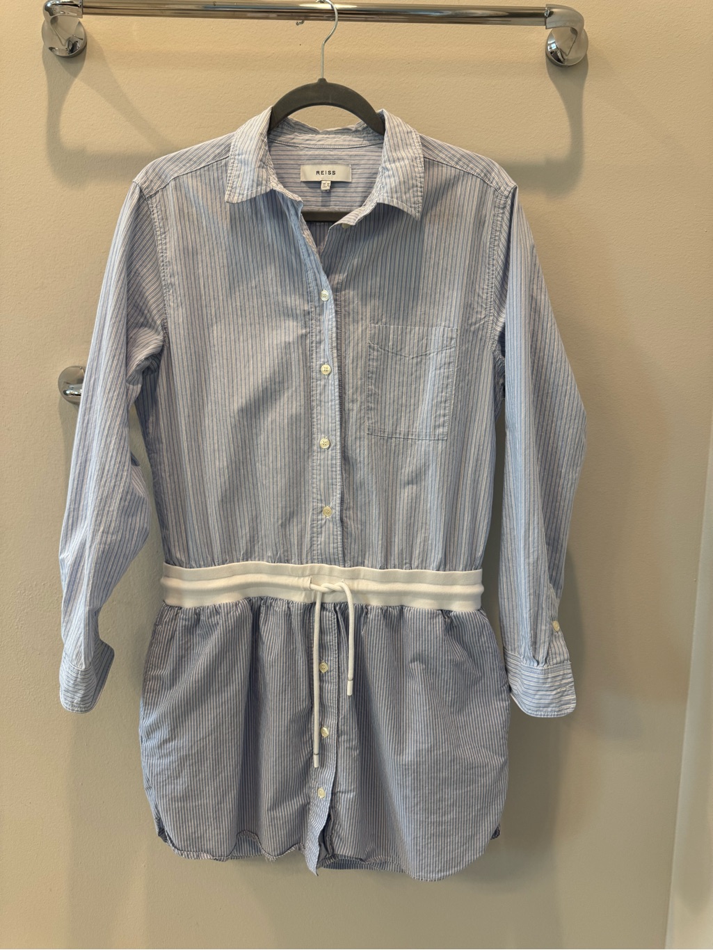 Reiss Light Blue And White Pinstripe Shirt Dress With Drawstring Waist